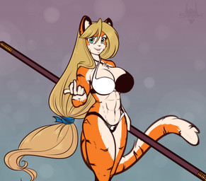 5_fingers abs anthro blonde_hair bra breasts chest_tuft cleavage clothed clothing eyebrows eyelashes female fingers fur gesture green_eyes hair hand_gesture holding_object long_hair looking_at_viewer middle_finger muscular muscular_anthro muscular_female navel open_mouth panties pole simple_background smile solo staff standing stripes tuft underwear scorpdk kate_(scorpdk) felid mammal pantherine tiger 2017 absurd_res digital_media_(artwork) hi_res