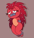 anthro bdsm blush blush_lines bodily_fluids bondage bound dandruff duct_tape duct_tape_gag female fur gag gagged genitals pussy red_body red_fur solo sweat sweatdrop tape tape_gag yopy happy_tree_friends flaky_(htf) mammal porcupine rodent hi_res