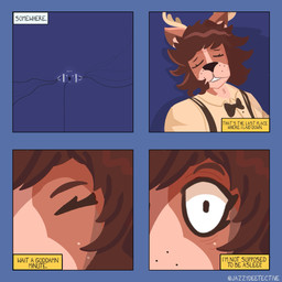 anthro antlers bottomwear bow_tie brown_body brown_fur brown_hair clothing collared_shirt comic_panel dialogue dress_shirt ears_up eyebrows eyelashes eyes_closed fur glistening glistening_hair hair horn inner_monologue led_light male markings mole_(marking) one_eye_closed resting shirt shocked simple_background snout solo spots surprised suspenders text thinking topwear unconscious waking_up wire jazzydeetective caravan_palace jazz_(jazzydeetective) deer mammal new_world_deer white-tailed_deer 1:1 artist_name comic digital_media_(artwork) english_text hi_res signature
