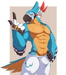 anthro beak belt blue_body blue_feathers bottomwear bulge clothed clothing feathers looking_at_viewer male multicolored_body multicolored_feathers orange_body orange_feathers pants solo topless white_body white_feathers majinbuusama breath_of_the_wild nintendo the_legend_of_zelda kass_(tloz) avian rito digital_media_(artwork)