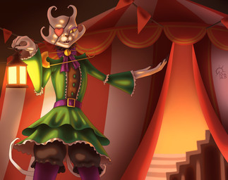 anthro belt bow_ribbon circus_tent claws clothing dress eye_patch eyewear female fur lamp lantern safety_pin solo white_body white_fur sacrificabominat psycho_pass spooky_boogie domestic_cat felid feline felis mammal absurd_res hi_res