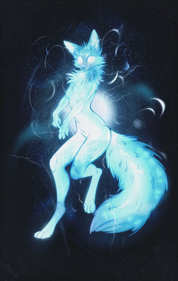 anthro blue_body blue_fur digitigrade female fingers floating fur glistening glistening_body glowing glowing_body glowing_eyes glowing_markings light markings smoke solo soul space star 0l-fox-l0 canid canine celestial_being fox fox_spirit ghost mammal spirit 2025 absurd_res digital_media_(artwork) hi_res lighting