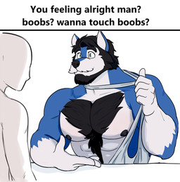 abs anthro areola beard big_muscles big_pecs black_areola black_beard black_eyebrows black_facial_hair black_hair black_nipples black_nose blue_body blue_ears blue_fur body_hair chest_hair closed_smile clothed clothing clothing_pull countershade_face countershade_fur countershade_hands countershade_neck countershade_torso countershading deltoids duo eyebrows facial_hair fur gloves_(marking) green_eyes hair looking_at_another male markings mouth_closed multicolored_body muscular muscular_anthro muscular_arms muscular_male mustache nipples nose_scar partially_clothed partially_clothed_anthro partially_clothed_male pecs presenting presenting_pecs shirt shirt_pull short_hair simple_background sitting smile solo_focus tank_top tank_top_pull text topwear topwear_pull two_tone_body white_background white_body white_clothing white_facial_hair white_fur white_inner_ear white_mustache white_shirt white_tank_top white_topwear monchimutt boobs?_wanna_touch_boobs? socially_awkward anon garth_warrick canid canine canis mammal wolf digital_media_(artwork) english_text meme