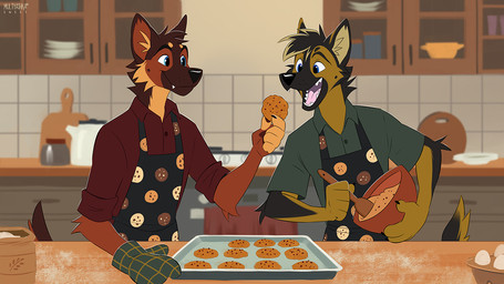 5_fingers anthro apron baking baking_tray black_nose bowl brown_body brown_fur clothed clothing container cookie cooking duo fingers food fur green_clothing green_shirt green_topwear handwear head_tuft kitchen looking_at_another looking_at_food looking_at_object male male/male mittens multicolored_body multicolored_face multicolored_fur open_mouth oven_mitts pink_tongue red_clothing red_shirt red_topwear shirt smile smiling_at_another tail teeth tongue topwear tuft yellow_body yellow_fur multyashka-sweet brantley canid canine canis domestic_dog german_shepherd herding_dog mammal pastoral_dog 16:9 2026 english_description widescreen