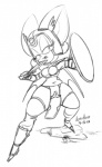 anthro armor cosplay female headgear helmet melee_weapon navel shield solo sword thick_thighs weapon ultrahand dragon_quest sega sonic_the_hedgehog_(series) square_enix rouge_the_bat bat mammal 2014 monochrome