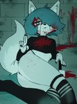 anthro blood blood_on_face blue_hair bodily_fluids bottomless clothed clothing female fur gesture grey_hair hair hand_gesture looking_at_viewer multicolored_body multicolored_fur solo two_tone_body two_tone_fur v_sign white_body white_fur hatsumiilkshake tera_(hatsumiilkshake) canid canine canis mammal wolf 2023 hi_res