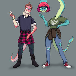 5_fingers alternate_costume anthro belt black_boots black_clothing black_footwear boots bottomwear bracelet claws clothing clothing_swap denim denim_bottomwear denim_clothing duo eyelashes eyeshadow female finger_claws fingers footwear frill_(anatomy) front_view gesture green_clothing green_shirt green_t-shirt green_topwear grey_background hair hand_gesture jeans jewelry leggings legwear long_neck long_tail makeup male pants purple_eyeshadow sharp_teeth shirt shoes short_hair simple_background skirt smile snaggle_teeth t-shirt tail teeth topwear torn_bottomwear torn_clothing torn_jeans torn_pants v_sign purplekatsnek cavemanon_studios i_wani_hug_that_gator damien_payne liz_farlane brachiosaurid brachiosaurus dilophosaurid dilophosaurus dinosaur hybrid macronarian prehistoric_species reptile saurischian sauropod sauropodomorph scalie spinosaurid spinosaurus theropod 1:1 2024 digital_drawing_(artwork) digital_media_(artwork)