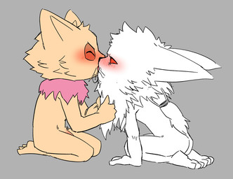 anthro biped black_nose blush bodily_fluids butt duo eyebrows eyes_closed flaccid french_kissing fur genitals grey_background hair kissing male male/male orange_sclera penis pink_body pink_fur ponytail saliva simple_background white_body white_fur dapong league_of_legends riot_games tencent kled_(lol) teemo_(lol) yordle