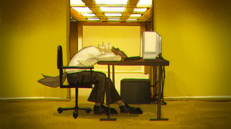anthro biped chair clothed clothing computer crt_monitor desk electronics fur furniture inside male modern_architecture office_chair solo table tail hemuchang creepypasta the_backrooms shin_(hemuchang) canid canine canis domestic_dog mammal hi_res meme