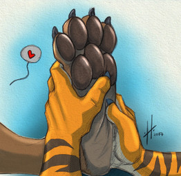 ambiguous_gender anthro black_claws brown_body brown_pawpads claws duo feet foot_focus foot_rub foot_shot heart_symbol orange_body pawpads speech_bubble striped_arms hufnaar ambiguous_species 2017 dated hi_res