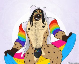 anthro black_hair black_nose body_hair brown_body brown_fur bulge chest_hair clothed clothing detailed_bulge flag forearm_muscles fur genital_outline green_eyes grin hair hoodie jockstrap lgbt_pride male markings navel nipples pansexual_pride_colors pecs penis_outline pride_colors rainbow_flag rainbow_pride_flag rainbow_symbol skimpy smile solo spots spotted_body spotted_fur teeth thong topwear underwear spelunker_sal whiplash_hyena hyena mammal spotted_hyena hi_res