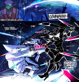 anthro antlers armor barefoot black_sclera clothed clothing dialogue feet female fingers floppy_ears footwear fur green_body group hair high_heels horn long_ears male melee_weapon one_eye_closed open_mouth outside pink_hair shoes sword teeth text toes trio weapon white_body white_eyes white_fur heartbreak_juan deltarune undertale undertale_(series) asriel_dreemurr_(god_form) gerson_boom_(deltarune) roaring_knight bovid caprine mammal reptile scalie turtle comic english_text hi_res