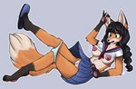 2019 anthro asian_clothing black_hair bottomwear breasts canid canine clothed clothing east_asian_clothing falling female fox genitals green_eyes grey_background hair hi_res implied_transformation japanese_clothing japanese_school_uniform mammal nipples open_mouth pawpads pussy school_uniform serafuku simple_background skirt snout solo surprise underwear uniform upskirt wilderlove