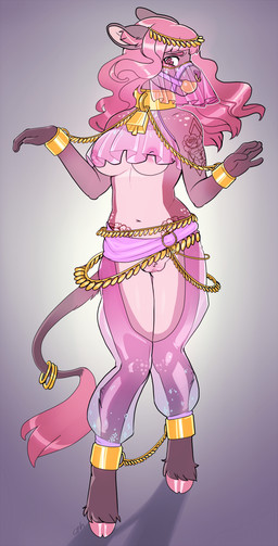 5_fingers ankle_cuffs anthro ball_gag bdsm bell bell_collar biped bondage bound breasts clothing coin_belt collar cowbell cuff_(restraint) dancing ear_tuft facial_piercing female female_anthro fingers fur gag gagged genitals hair harem_outfit hooves mostly_nude nipples nose_piercing nose_ring piercing pink_body pink_eyes pink_fur pink_hair restraints ring ring_piercing septum_piercing sex_slave shackles simple_background slave solo standing tattoo translucent translucent_clothing tuft veil vulva wrist_cuffs yellow_collar arh milk_(pastelpastel) bovid bovine cattle mammal hi_res