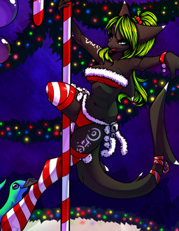 accessory anthro bell bikini black_body black_skin blue_eyes breasts candy candy_cane christmas_decorations christmas_lights clothed clothing dessert female food furgonomics green_hair hair holidays legwear long_hair looking_at_viewer midriff money navel non-mammal_breasts pole ponytail ribbons skimpy solo stockings strip_club stripper stripper_pole swimwear tail tail_accessory tail_ribbon text thigh_highs tight_clothing tipping tribal two-piece_swimsuit under_boob year pandora_(artist) christmas lylian aquatic fish shark 2012 hi_res url