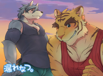 amber_eyes anthro biceps black_nose blush bottomwear bulge chest_tuft clothed clothing detailed_background dog_tags duo eyebrows fur green_eyes grey_body grey_fur grey_hair hair looking_at_viewer low-angle_view male muscular one_eye_closed open_mouth outside pants pecs pink_nose sharp_teeth shirt smile sunset tail tank_top teeth thick_eyebrows topwear tuft wink senpuuki-chan morenatsu kouya_aotsuki torahiko_ooshima canid canine canis domestic_dog felid husky mammal nordic_sled_dog pantherine spitz tiger 2011
