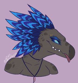 anthro beak blep blue_body blue_eyes blue_feathers blue_sclera eyebrow_piercing eyebrow_ring facial_piercing feather_hair feathered_crest feathers female head_crest jewelry looking_at_viewer necklace pendant piercing pseudo_hair pupils ring_piercing side_view simple_background slit_pupils solo tongue tongue_out spartankay515 halo_(series) microsoft xbox_game_studios maz_fel alien avian kig-yar scalie t'vaoan bust_portrait colored hi_res portrait