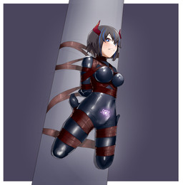 bdsm big_breasts blue_eyes bondage bound box_tie breasts clothing female frogtied hair heart_eyes heart_symbol latex latex_clothing latex_skinsuit legs_tied pole short_hair skinsuit tape tape_bondage tight_clothing womb_tattoo remiliacn demon demon_humanoid humanoid absurd_res hi_res