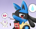 anthro black_body black_fur blue_body blue_fur bodily_fluids candy chocolate dessert duo eating female food fur heartbroken male red_eyes tears yellow_body yellow_fur unknown_artist nintendo pocky pokemon canid canine generation_4_pokemon generation_5_pokemon lucario mammal mienshao pokemon_(species) low_res