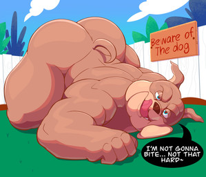 anthro anthrofied ass_up back_muscles barazoku bedroom_eyes bent_over beware_of_dog biceps big_butt big_muscles bubble_butt butt day dialogue face_squish fence fur grass huge_butt huge_muscles inviting kneeling licking licking_lips licking_own_lips looking_at_viewer male muscular muscular_anthro muscular_male narrowed_eyes nude outside plant seductive self_lick sign smile solo squish talking_to_viewer text thick_arms thick_thighs tongue tongue_out tuft beetleartz metro-goldwyn-mayer tom_and_jerry spike_bulldog bulldog canid canine canis domestic_dog mammal mastiff molosser 2025 absurd_res english_text hi_res