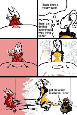 2_horns 4_toes 5_panel_comic antennae_(anatomy) anthro apron apron_only arthropod_abdomen big_butt black_body black_chitin black_exoskeleton black_eyes black_text blush bodily_fluids brown_hair butt cake cloak clothed clothing crying cutlery date dating dessert dialogue disappointed dishes ellipsis empty_eyes exoskeleton eyelashes feet female female/female first_date food fork frown furniture group hair happy horn inner_monologue inside kitchen_utensils knife licking makeup melee_weapon nail_(weapon) needle_and_thread overweight overweight_female pink_tongue red_cloak red_clothing romantic romantic_couple shocked short_hair slim small_waist smile snout spikes spikes_(anatomy) spread_toes stained_clothing stool strawberry_cake table talking_to_another tears text thinking thought_bubble toes tongue tongue_out tools trio weapon weapon_on_back white_eyes wide_chest wings yellow_body yellow_chitin yellow_exoskeleton nacurenyzernomex hollow_knight:_silksong hollow_knight_(franchise) team_cherry hornet_(hollow_knight) lugoli_(hollow_knight:_silksong) shakra_(hollow_knight:_silksong) arachnid arthropod fly_(animal) insect 2025 2:3 comic english_text low_res female_(lore)