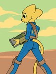 2017 3:4 accessory anthro bethesda_softworks bottomwear butt clothed clothing cloud day desert digital_media_(artwork) fallout felid female filthypally fur fur_tuft furgonomic_bottomwear furgonomics gun holding_gun holding_object holding_ranged_weapon holding_weapon katia_managan khajiit knee_pads laser_gun mammal microsoft number number_on_clothing pink_nose pip-boy prequel_adventure ranged_weapon solo suit tail tail_accessory the_elder_scrolls topwear tuft vault_suit weapon yellow_body yellow_fur