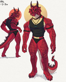 2_horns anthro armlet black_clothing black_shirt black_topwear clothing diamond_pickaxe ear_frill eyewear facial_horn frill_(anatomy) furgonomic_swimwear furgonomics head_horn horn jewelry male multiple_poses muscular muscular_arms necklace nose_horn pendant pose red_body red_frill red_scales scales shirt simple_background solo speedo sunglasses swimwear tail_mane tank_top topwear white_background raz_wulf mythology raziel_(raz_wulf) dragon mythological_creature mythological_scalie scalie wingless_dragon 2026 4:5 dated digital_media_(artwork) hi_res signature