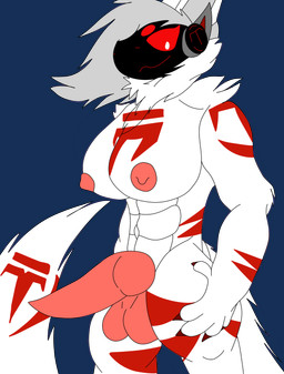 anthro balls big_breasts big_penis breasts cybernetics genitals gynomorph intersex knot looking_at_viewer machine nipples nude penis screen screen_face solo orbical tesla armorless_protogen protogen absurd_res alpha_channel digital_media_(artwork) hi_res