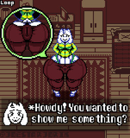 anthro anus anus_outline bedroom big_butt bottomwear bouncing bouncing_butt bulge butt clothed clothing dialogue_box femboy front_view hands_behind_back huge_butt huge_hips huge_thighs hyper hyper_butt hyper_hips looking_at_viewer male pants rear_view shirt small_bulge smile solo standing thick_thighs thong tight_clothing tight_fit topwear underwear wide_hips joestarjorik undertale undertale_(series) asriel_dreemurr bovid caprine goat mammal animated digital_media_(artwork) low_res pixel_(artwork) pixel_animation portrait