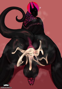 4_eyes after_anal anus aureola balls biped black_balls black_body black_skin bodily_fluids butt clothing cum cum_from_ass cum_in_ass cum_inside cum_on_butt genital_fluids genitals heart_symbol looking_at_viewer looking_back looking_back_at_viewer male multi_eye musk not_furry penis raised_tail red_anus red_penis robe robe_lift solo tail ze_blackball.d the_apostle_(ze_black) eldritch_humanoid humanoid 2026 absurd_res digital_media_(artwork) hi_res