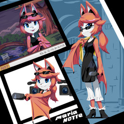 anthro bat_wings black_nose blue_eyes breasts camera clothed clothing dress electronics eyewear fangs female footwear fur hair membrane_(anatomy) membranous_wings microphone outside red_body red_fur red_hair solo sunglasses teeth text white_body white_fur wings goshaag freedom_planet galaxytrail maria_notte bat mammal megabat 1:1 2017 absurd_res chinese_text hi_res translated