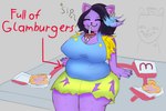 anthro belly beverage_between_breasts big_breasts black_hair bottomwear breasts claws clothing directional_arrow drinking drinking_straw duo ear_piercing ear_ring eyes_closed fast_food female female_focus food food_container freckled_breasts freckles grey_background hair happy huge_breasts male nipple_outline overweight overweight_anthro overweight_female piercing purple_body ring_piercing shorts simple_background sitting smile solo_focus suspenders text thick_thighs wide_hips mrazel undertale undertale_(series) burgerpants catty_(undertale) domestic_cat felid feline felis mammal 2025 english_text hi_res