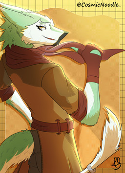 ambiguous_gender anthro black_markings bottomwear clothed clothing coat fur furgonomics gesture gloves green_body green_fur hand_gesture hand_on_hip handwear looking_at_viewer male markings multicolored_body multicolored_fur pants pointing pointing_at_self scarf simple_background smile solo tail teeth teeth_showing topwear white_body white_fur yellow_eyes yellow_markings cosmic_noodle sergal absurd_res digital_media_(artwork) hi_res shaded