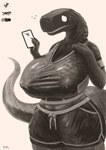 anthro big_breasts bodily_fluids bottomwear breasts clothing electronics empty_eyes female holding_object holding_phone huge_breasts looking_worried nipple_outline non-mammal_breasts phone shirt shorts simple_background solo sweat tank_top thick_thighs topwear white_background wifi returnaddress google google_chrome dinosaur_(google_chrome) dinosaur prehistoric_species reptile scalie theropod tyrannosaurid tyrannosauroid tyrannosaurus tyrannosaurus_rex hi_res monochrome