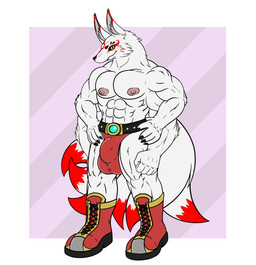 4_arms 5_fingers anthro areola belt black_belt black_claws black_nose black_sclera bodypaint boots border bulge chest_tuft claws clothed clothing face_paint feet finger_claws fingers fist fluffy fluffy_tail footwear fur hair looking_at_viewer male multi_arm multi_limb multi_tail muscular muscular_anthro muscular_male nipples pattern_background pink_areola pink_background pink_nipples plantigrade pointy_ears prick_ears red_boots red_clothing red_footwear red_underwear shoes short_hair simple_background smile smiling_at_viewer snout solo standing striped_background tail topless topless_anthro topless_male tuft underwear white_body white_border white_fur white_hair white_tail yellow_eyes dulcine_(artist) taiyoma_(dulcine) canid canine fox mammal 2023 full-length_portrait hi_res portrait signature