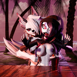 anthro assisted_exposure beach bikini breasts clothing duo female female/female flashing nipples one-piece_swimsuit public public_exposure swimwear two-piece_swimsuit strikefrommidnight samzan_(modeler) hellaverse helluva_boss mythology loona_(helluva_boss) octavia_(helluva_boss) avian bird canid canid_demon canine demon hellhound mammal mythological_canine mythological_creature owl 1:1 3d_(artwork) absurd_res blender_(artwork) digital_media_(artwork) hi_res huge_filesize