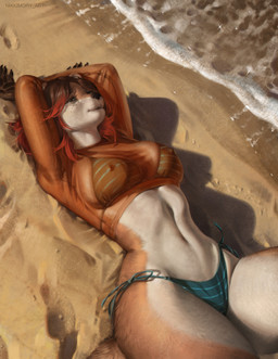 anthro beach big_breasts bikini breasts brown_body brown_fur brown_hair circle_eyebrows claws clothing countershading erect_nipples eyebrows eyewear female foam freckled_face freckles fur glasses green_eyes hair heart_symbol highlights_(coloring) latex latex_bikini looking_at_viewer looking_up lying markings membrane_(anatomy) midriff multicolored_body multicolored_hair navel nipple_outline nipples on_back orange_clothing orange_topwear pattern_bikini pattern_clothing pattern_swimwear pointy_nipples pose raised_arm raised_arms realistic red_highlights sand sea short_hair smile smiling_at_viewer solo string_bikini striped_bikini striped_body striped_clothing striped_fur striped_markings striped_swimwear stripes swimwear tail teal_bikini teal_clothing teal_swimwear topwear translucent translucent_clothing translucent_topwear two-piece_swimsuit two_tone_hair water webbed_hands nikkimory thalassophilia_(zombiecowherd) riley_delmare seafoam humanoid mammal mustelid otter river_otter sea_otter absurd_res hi_res pinup