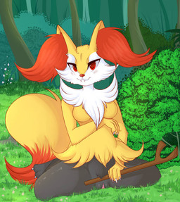 anthro breasts claws clitoral_hood cute_fangs detailed_background error eyelashes fangs featureless_breasts female finger_claws genitals grass holding_object holding_stick looking_at_viewer nude outside plant red_eyes sitting snout solo stick teeth toe_claws tree vulva wariza white_claws shudayuda nintendo pokemon braixen generation_6_pokemon pokemon_(species) 2016