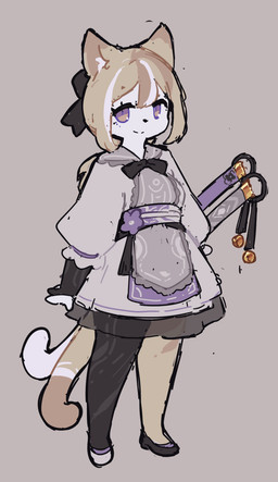 anthro apron bow_tie breasts brown_hair clothing dress female footwear forked_tail grey_clothing grey_dress grey_topwear hair looking_at_viewer scabbard shoes simple_background smile solo standing tail topwear unusual_anatomy unusual_tail eerieviolet ka'la_(eerieviolet) domestic_cat felid feline felis mammal 2025 digital_media_(artwork) hi_res