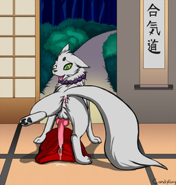 after_sex anus backsack balls bodily_fluids butt collar cum cum_inside erection feral fur genital_fluids genitals green_eyes male open_mouth penis solo tongue tongue_out white_body white_fur candyfoxy kekkaishi madarao_(kekkaishi) ayakashi canid canine canis domestic_dog ghost mammal spirit digital_media_(artwork) hi_res shaded