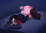 anthro blush clothed clothing diaper eyewear female glasses head_on_pillow highlights_(coloring) lying masturbation on_front shaking simple_background solo trembling wearing_diaper wearing_glasses arzdin bear giant_panda mammal