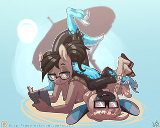 anthro blonde_hair book braided_hair breasts brown_hair clothing cute_fangs duo eyewear fangs female flip_flops footwear freckles genitals glasses hair lying mostly_nude nipples nude on_front ponytail sandals shoes sun teeth vulva atryl hasbro my_little_pony fan_character titty_sprinkles_(apologue) amphibian bat_pony equid mammal salamander 2017
