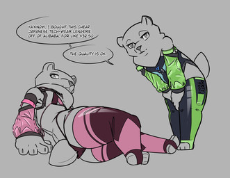 ambiguous_gender anthro armwear bent_over bra butt clothing detached_sleeves duo feet grey_background legwear leotard lingerie looking_at_viewer looking_back looking_back_at_viewer lying on_side short_tail simple_background speech_bubble streetwear tail talking_to_viewer techwear text thick_thighs thigh_highs thong underwear high5art two_bears_(high5art) bear mammal sun_bear ursine 2024 absurd_res digital_drawing_(artwork) digital_media_(artwork) english_text hi_res partially_colored