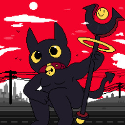 2_horns bell bell_collar big_eyes black_body building city cloud collar day featureless_chest feet fingers front_view holding_object holding_staff horn jingle_bell jingle_bell_collar male moobs mouthless not_furry outside overweight overweight_humanoid overweight_male red_collar red_sky road sitting sky skyscraper solo spade_tail staff sun tail three-quarter_view utility_pole yellow_sclera geomecs ambient_flier demon demon_humanoid humanoid 1:1 2025 digital_media_(artwork) flat_colors full-length_portrait hi_res pixel_(artwork) portrait restricted_palette