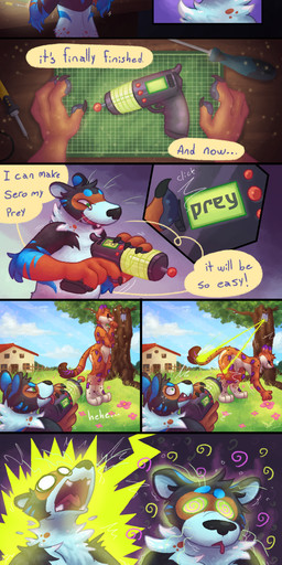 anthro blep blue_body blue_fur brown_body brown_fur dialogue duo female female_pred fur green_eyes grey_body grey_fur hypnosis laugh male male/female mind_control oblivious open_mouth outside plant predator/prey projectile_deflection purple_body purple_eyes purple_fur ranged_weapon raygun ricochet screwdriver silly smile speech_bubble spots tan_body tan_fur teal_body teal_fur teeth tongue tongue_out tools tree vore weapon whiskers wind_chime workbench zapped cursedlay pala_(feroxdoon) sero_(feroxdoon) cougar felid feline hybrid jaguar mammal mustelid musteline pantherine true_musteline weasel 3:7 absurd_res comic hi_res