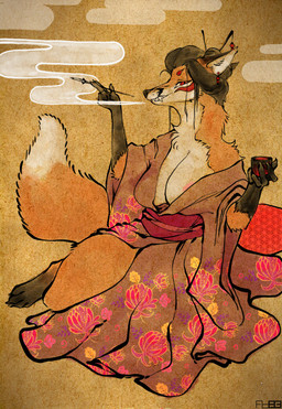 alcohol anthro areola asian_clothing beverage breasts cigarette cigarette_holder cleavage clothed clothing east_asian_clothing female japanese_clothing kimono sake smoking solo foxboy83 canid canine fox mammal red_fox true_fox digital_media_(artwork) hi_res