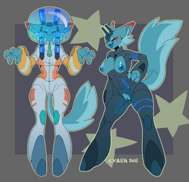 :3 anthro areola astronaut_helmet astronaut_suit biped black_clothing black_suit blue_areola blue_body blue_claws blue_face blue_fur blue_mouth blue_nipples blue_tail blue_tongue blue_vulva breasts claws cleavage_cutout clothing cutout dipstick_ears ear_markings eyes_closed eyeshadow female fluffy fluffy_tail fur genitals grey_background inner_ear_fluff makeup medium_breasts multicolored_ears nipples open_mouth pattern_background paws pussy_cutout red_ear_tips red_eyeshadow sharp_teeth simple_background solo standing star-shaped_background star_polygon suit tail teeth tongue tuft vulva zipper cyber_d1e felid feline mammal absurd_res hi_res signature