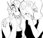 anthro clothed clothing duo facepalm female hair hand_over_shoulder laugh long_hair parody smile haaru undertale undertale_(series) undyne fish marine monochrome