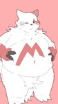 anthro belly big_belly biped black_nose blush kemono navel one_eye_closed red_body solo white_body menmen_kesinn nintendo pokemon generation_3_pokemon pokemon_(species) zangoose 2024 9:16 hi_res