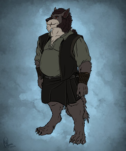 anthro armor beer_belly belly belt big_belly bottomwear bracers brown_body brown_fur clothing digitigrade fur grey_body grey_fur hair homebrew kilt leather male overweight overweight_male red_eyes shirt smile snaggle_tooth solo standing tail tied_hair topwear tucked_shirt tunic vest yenocwolf mythology ulrik_eklund canid canine mammal mauken mythological_canine mythological_creature werecanid werecanine werecreature werewolf 5:6 absurd_res hi_res